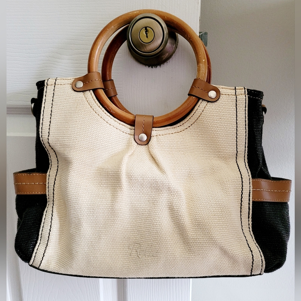 Relic Elegant Wooden Circle Handle Tote Bag Canvas Lightweight 11"×14"×4"